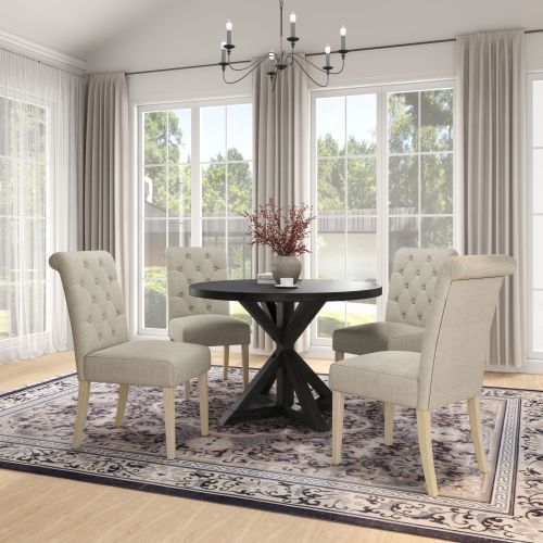 Banff 5-piece Dining Set, Cross-Buck Round Table with 4 Tufted Chairs, TAN Banff 5-piece Dining Set, Cross-Buck Round Table with 4 Tufted Chairs, TAN