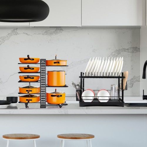 8 Tier Pot and Pan Organizer Rack for Cabinet With 3 DIY Methods, Adjustable Organizer for Pots, Pans and Lids with Utensil Holders 8 Tier Pot and Pan Organizer Rack for Cabinet With 3 DIY Methods, Adjustable Organizer for Pots, Pans and Lids with Utensil Holders