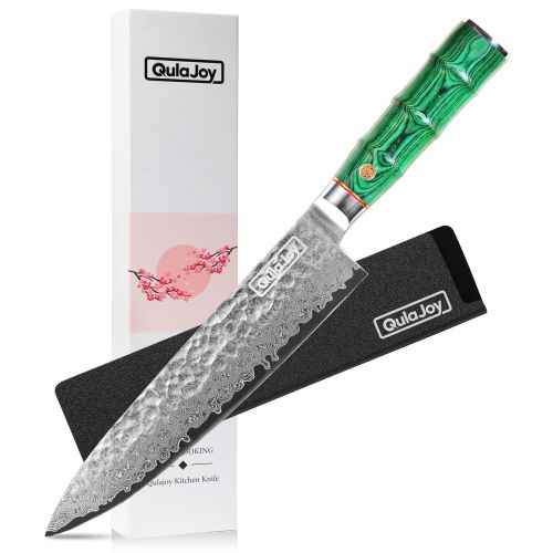 Qulajoy 8 Inch Japanese Chef Knife,67 Layers Damascus VG-10 Steel Core,Professional Hammered Kitchen Knife,Handcrafted With Ergonomic Bamboo Shap
